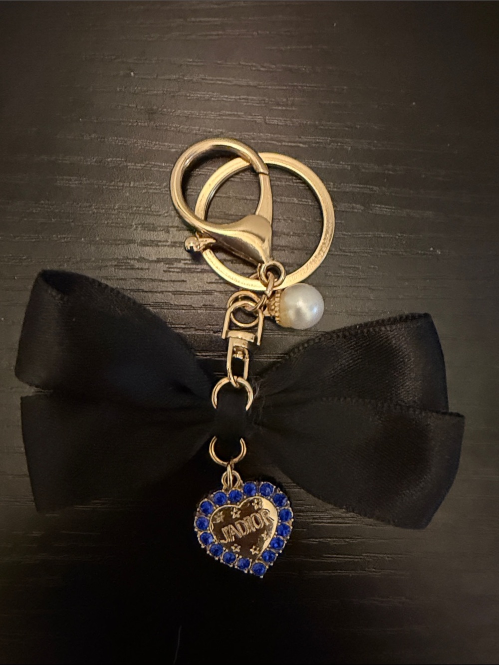 Inspired Heart Keychain with Blue Crystal Trim and Faux Pearl - Gold-tone
